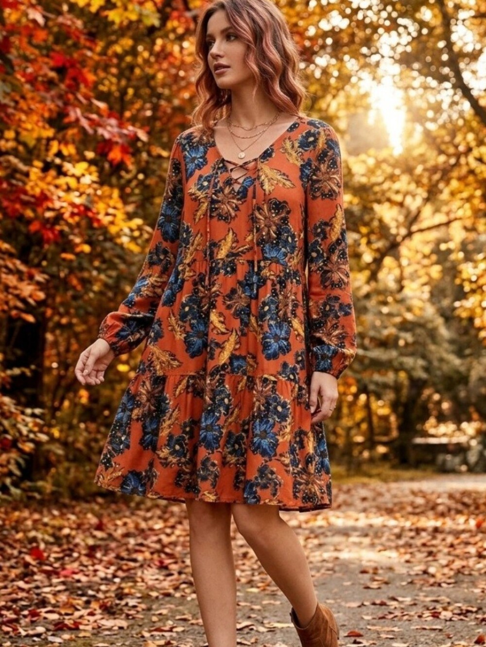 Tiered Floral Swing Dress Rich Jewel Tones Earthy Autumnal 70s Retro Boho Large